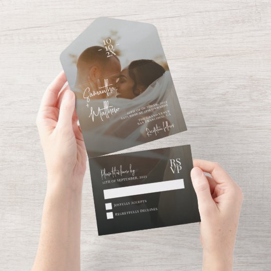 Donkere Romantische Minimalistische Trouwherdenkin All In One Uitnodiging (Afscheurbaar)