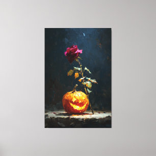 Donkere Romantische Pompoen en Rozen Houten Wandku Canvas Afdruk