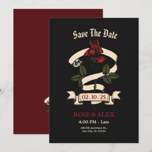 Donkere romantische rozen bruiloft save the date (Voorkant / Achterkant)