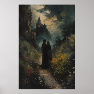 Donkere romantische wandeling naar kasteel kunst, poster