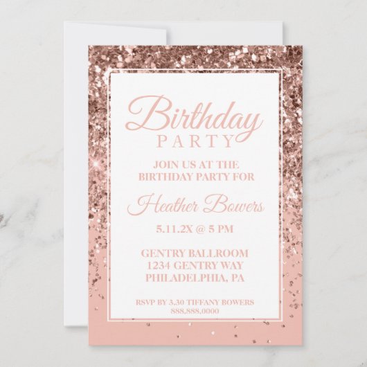 Donkere Roos Gold Glitter Birthday Invitation Kaart (Voorkant)