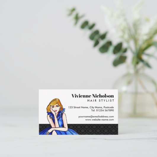 Donkere Royal Blue Cocktail Gown Mode Illustratie Visitekaartje (Staand voorkant)