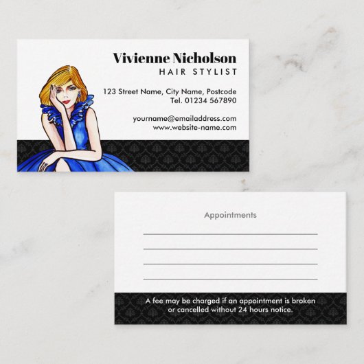 Donkere Royal Blue Cocktail Gown Mode Illustratie Visitekaartje (Voorkant / Achterkant)