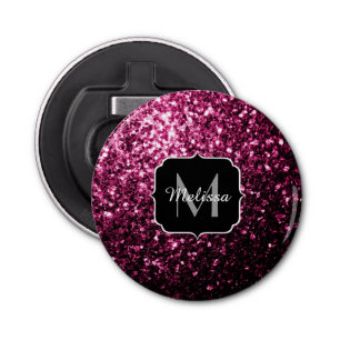 Donkere roze bruine glitter monogram button flesopener