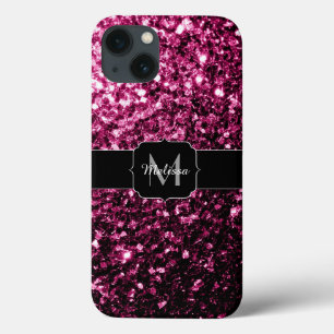 Donkere roze bruine glitter monogram iPhone 13 hoesje
