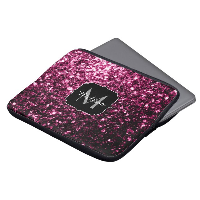 Donkere roze bruine glitter monogram laptop sleeve (Voorkant top)