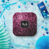 Donkere roze bruine glitter monogram papieren bordje (Feest)