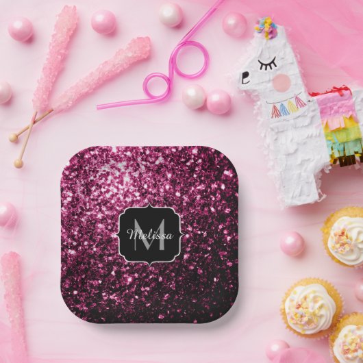 Donkere roze bruine glitter monogram papieren bordje (Feest)