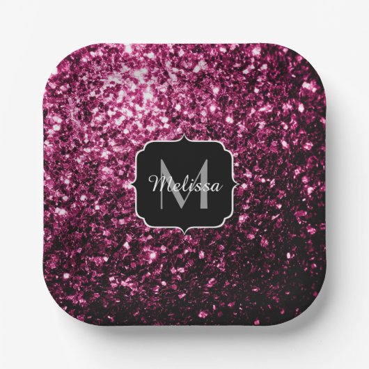 Donkere roze bruine glitter monogram papieren bordje (Voorkant)