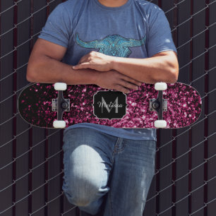 Donkere roze bruine glitter monogram persoonlijk skateboard