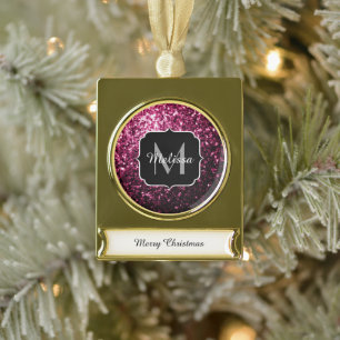 Donkere roze bruine glitter monogram verguld banner ornament