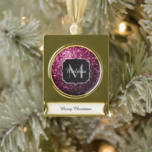 Donkere roze bruine glitter monogram verguld banner ornament (Boom)