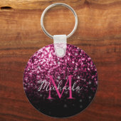Donkere roze faux glitter sparkles Monogram Sleutelhanger (Voorkant)