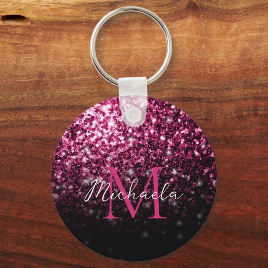 Donkere roze faux glitter sparkles Monogram Sleutelhanger (Voorkant)