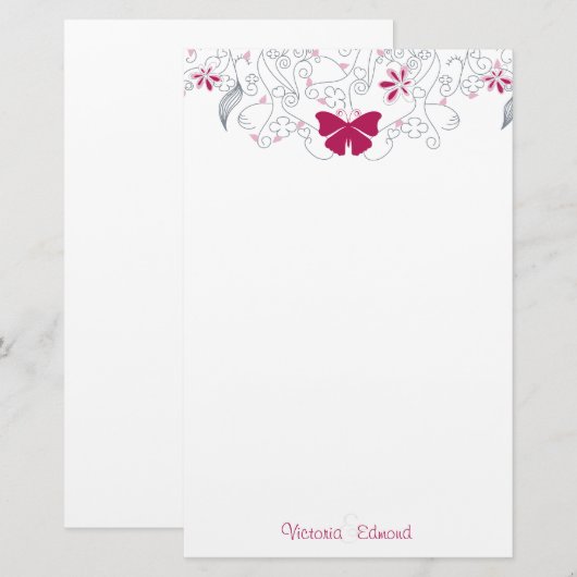 Donkere, roze, gepersonaliseerde schrijfbenodigdhe briefpapier (Voorkant / Achterkant)