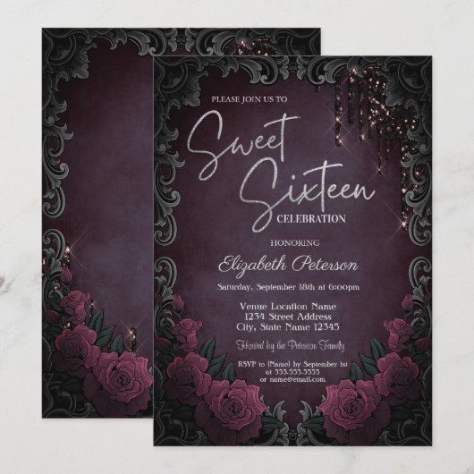 Donkere Rozen Frame Wijnrood Glitter Druppels Swee Kaart (Voorkant / Achterkant)