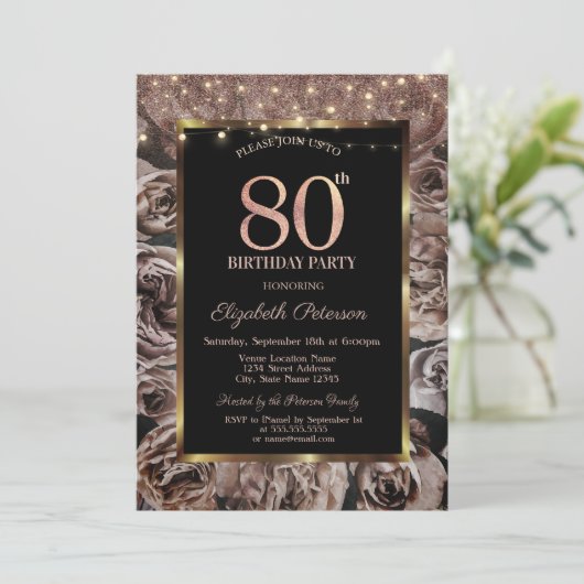 Donkere Rozen, String Lights Glitter 80ste Verjaar Kaart (Staand voorkant)
