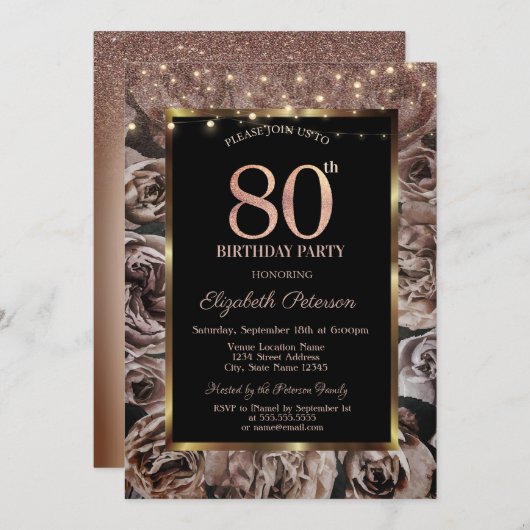 Donkere Rozen, String Lights Glitter 80ste Verjaar Kaart (Voorkant / Achterkant)