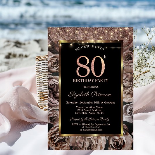 Donkere Rozen, String Lights Glitter 80ste Verjaar Kaart