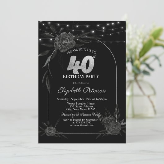 Donkere Rozen, String Lights Zwart 40e Verjaardag Kaart (Staand voorkant)