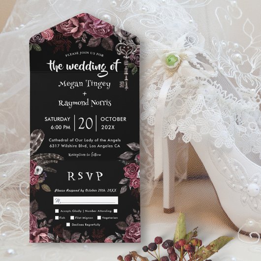 Donkere Rozen Zwart Bloemen Gotische bruiloft All In One Uitnodiging