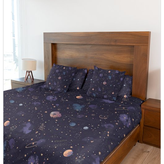 Donkere ruimte planeten sterren nevel patroon kussensloop