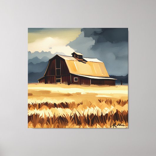 Donkere Rustic Barn & Wheat Field Waterverf Canvas Afdruk (Voorkant)