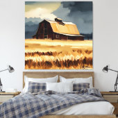 Donkere Rustic Barn & Wheat Field Waterverf Canvas Afdruk (Insitu (Slaapkamer))
