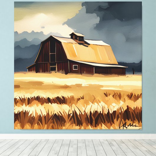 Donkere Rustic Barn & Wheat Field Waterverf Canvas Afdruk (Insitu (Houten vloer))