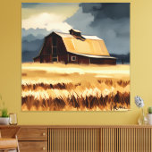 Donkere Rustic Barn & Wheat Field Waterverf Canvas Afdruk (Insitu (Woonkamer))