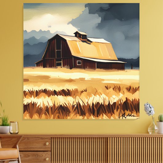 Donkere Rustic Barn & Wheat Field Waterverf Canvas Afdruk (Insitu (Woonkamer))