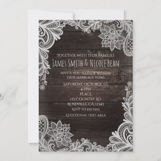 Donkere Rustic Wood & Elegant Lace Wedding Invitat Kaart (Voorkant)