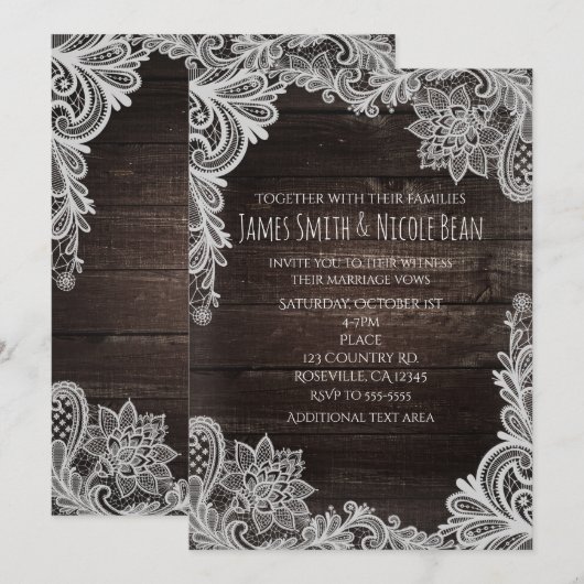 Donkere Rustic Wood & Elegant Lace Wedding Invitat Kaart (Voorkant / Achterkant)