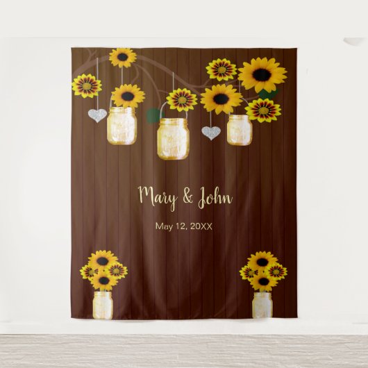 Donkere Rustic Yellow Floral Mason Jar foto achter Wandkleed (Voorkant)