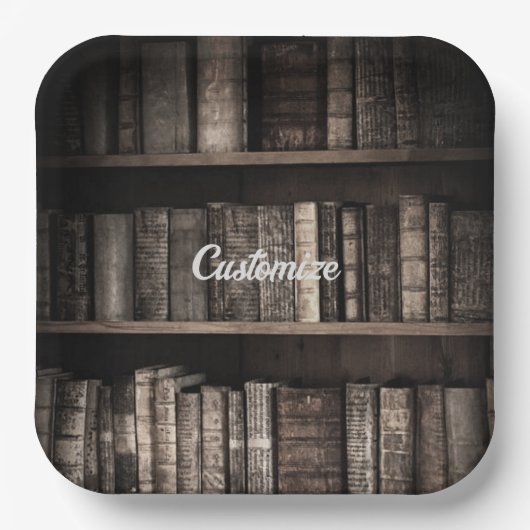 Donkere rustieke Boekenplanken Achtergrond Papieren Bordje (Voorkant)