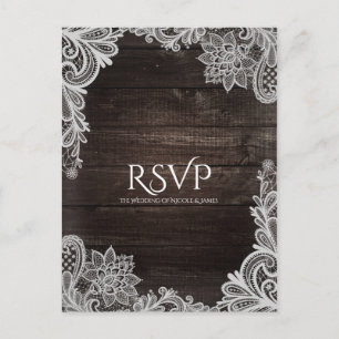 Donkere Rustieke Hout & Elegante Kant Huwelijks RS Uitnodiging Briefkaart