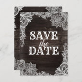Donkere Rustieke Hout & Elegante Kant Save The Dat Aankondigingskaart (Voorkant / Achterkant)