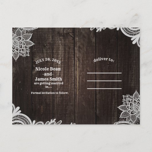 Donkere Rustieke Hout & Elegante Kant Save The Dat Aankondigingskaart (Achterkant)