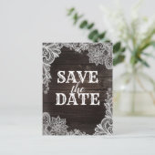 Donkere Rustieke Hout & Elegante Kant Save The Dat Aankondigingskaart (Staand voorkant)