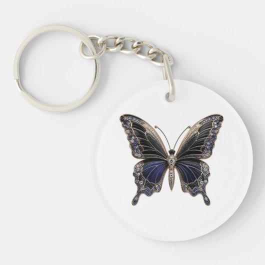 Donkere saffier vlinder acryl sleutelhanger (Voorkant)