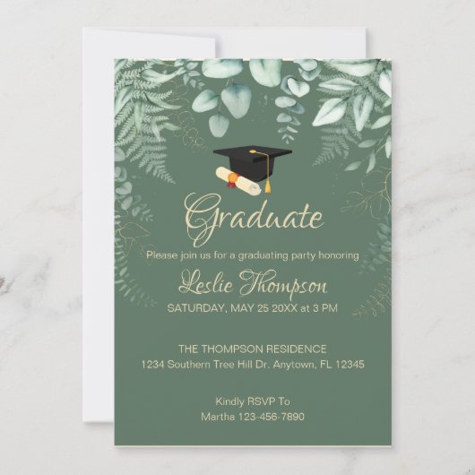 Donkere Sage Green Botanical Afstuderen Invitation Kaart (Voorkant)