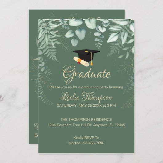 Donkere Sage Green Botanical Afstuderen Invitation Kaart (Voorkant / Achterkant)