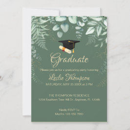 Donkere Sage Green Botanical Afstuderen Invitation Kaart