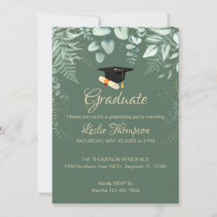 Donkere Sage Green Botanical Afstuderen Invitation Kaart