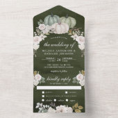 Donkere Sage Green Pumpkin en White Floral Wedding All In One Uitnodiging (Binnen)