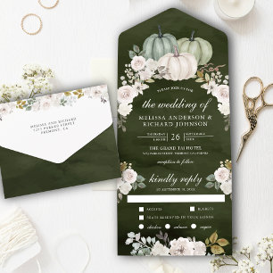 Donkere Sage Green Pumpkin en White Floral Wedding All In One Uitnodiging