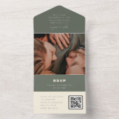 Donkere Sage minimalistische bruiloft QR-code RSVP All In One Uitnodiging (Binnen)