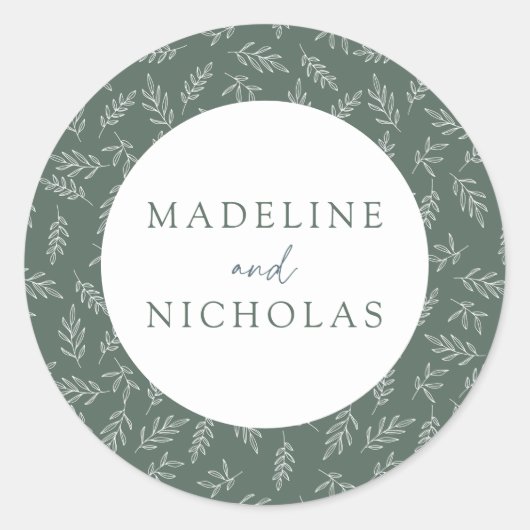 Donkere Sage Modern minimalistische botanische bru Ronde Sticker (Voorkant)