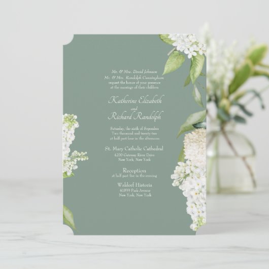 Donkere Sage Witte Hydrangea Beide Ouders Bruiloft Kaart (Staand voorkant)