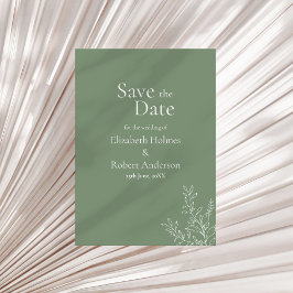 Donkere saliegroene botanische save the date kaart
